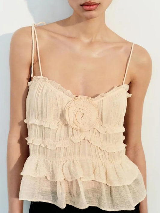 Sweet flower layered decorative small strap ruffled solid color top
