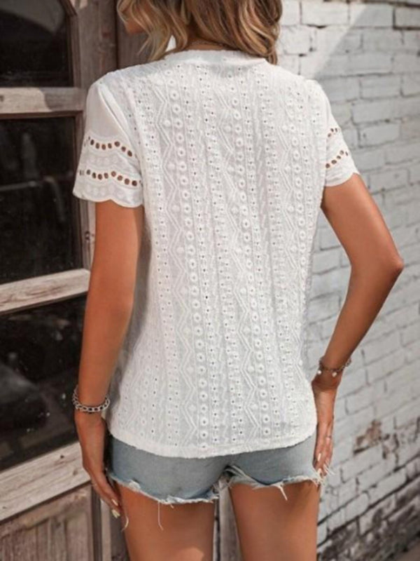 Pleated embroidered solid color casual short-sleeved top