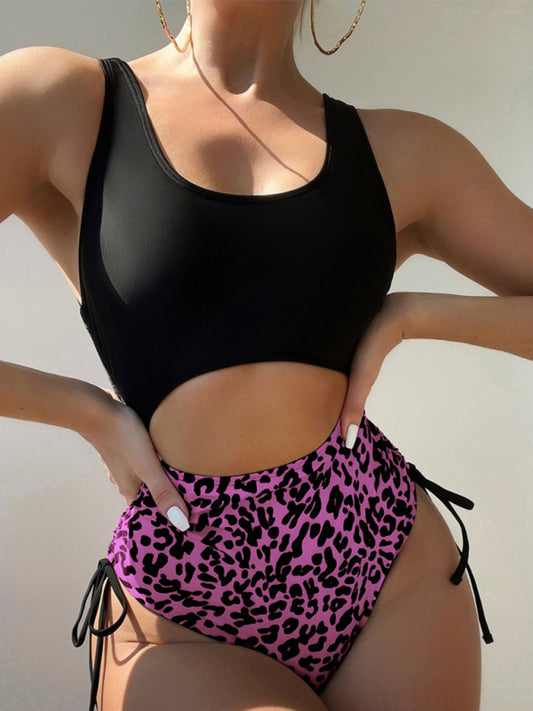 Leopard print U-shaped strappy one-piece swimsuit