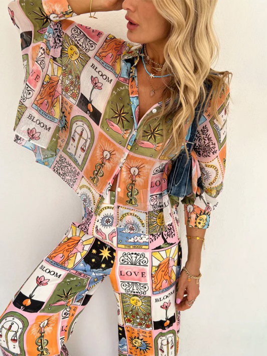 Bat sleeve printed loose casual home trousers two-piece set