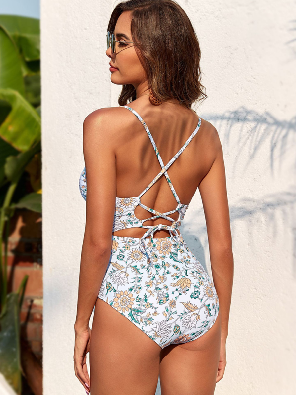 Strappy printed smocked one-piece swimsuit (shawl not included)