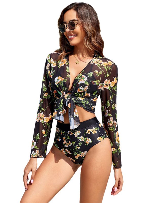 Bikini botanical print lace-up resort swimsuit three-piece set