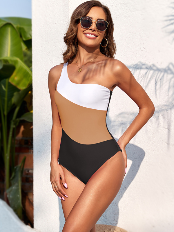 Color block one-shoulder one-piece swimsuit