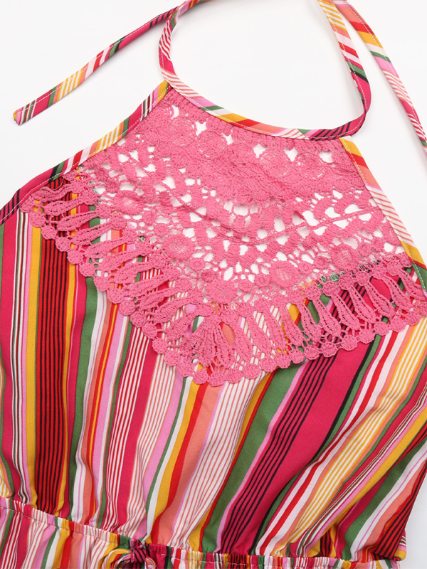 Sleeveless lace splicing skirt foreign trade halterneck striped print dress