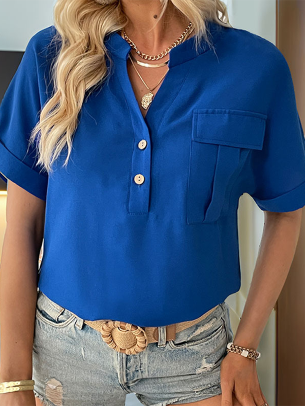 Women's short sleeve solid color v-neck shirt