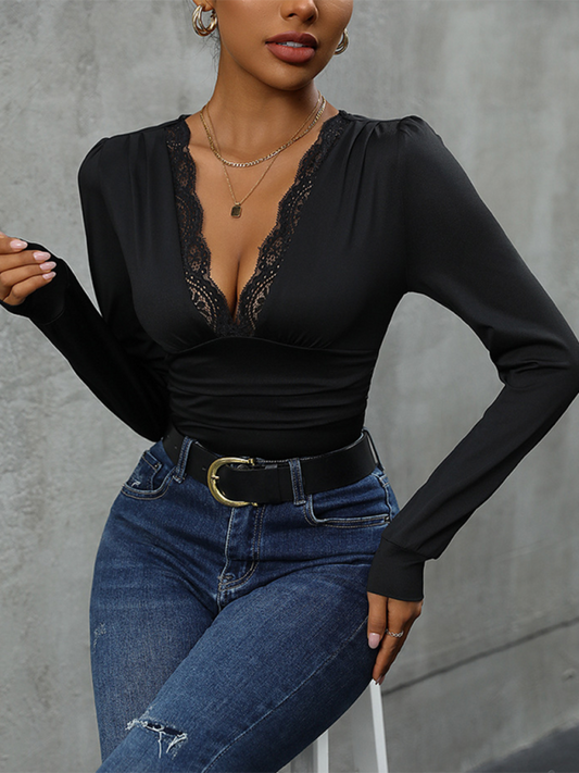 Lace stitching long sleeve solid color bodysuit