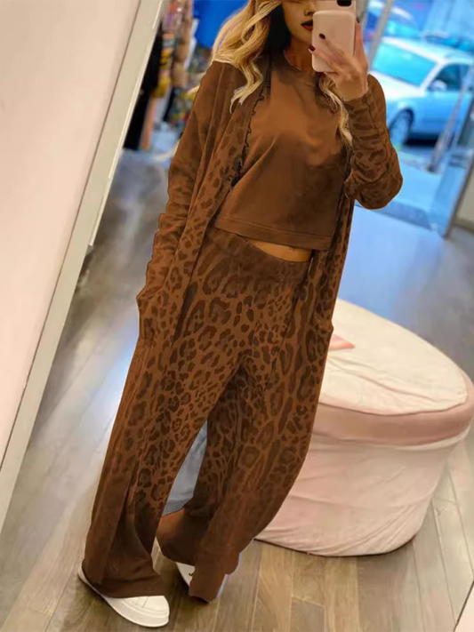 Leopard print long-sleeved cardigan jacket + trousers two-piece set