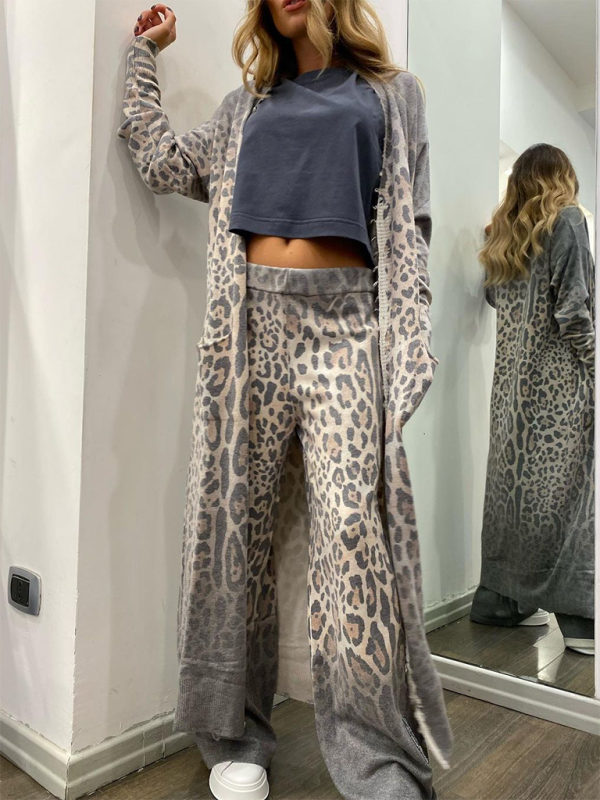 Leopard print long-sleeved cardigan jacket + trousers two-piece set