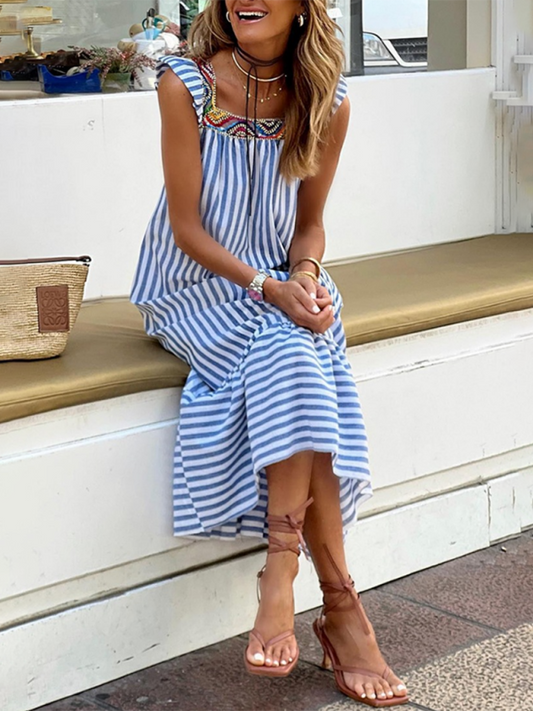 Square neck striped lace-up flying sleeve midi dress
