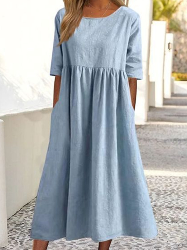 Round neck 5-quarter sleeves large size casual loose long solid color dress