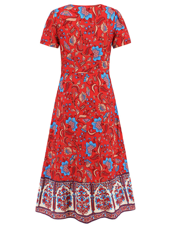 Short-sleeved V-neck dress, bohemian retro floral dress