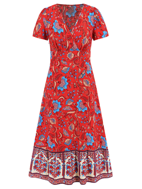 Short-sleeved V-neck dress, bohemian retro floral dress
