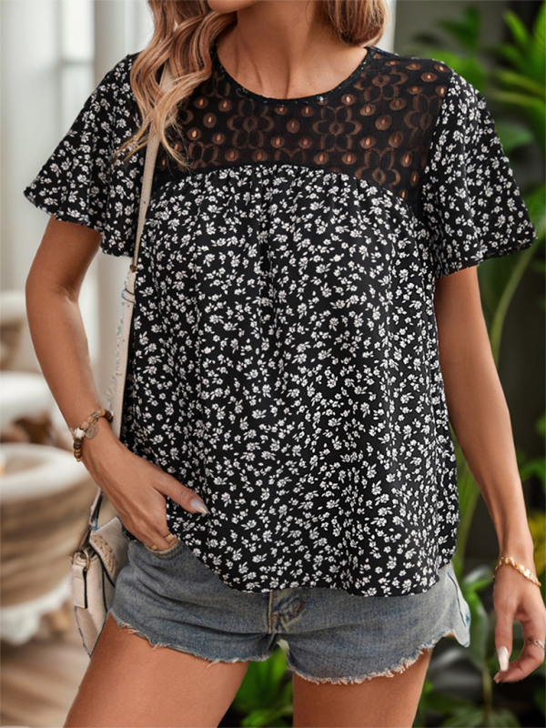 Women's lace patchwork printed short-sleeved round neck shirt