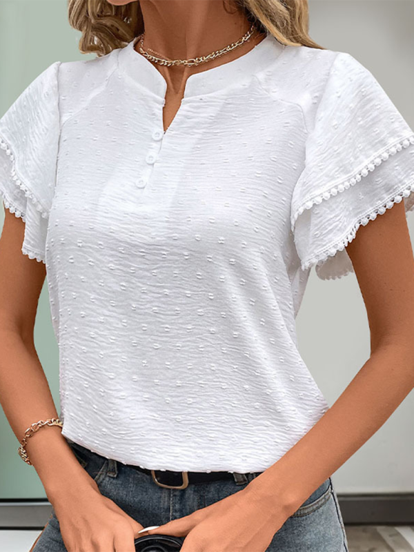 Solid color textured layered short-sleeved Chinese style small stand collar shirt