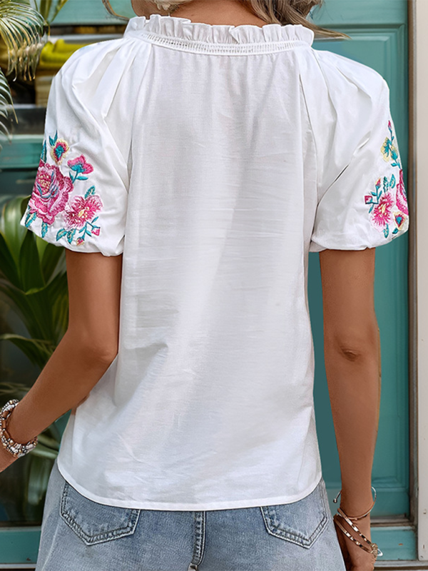 Raglan sleeve embroidered white shirt