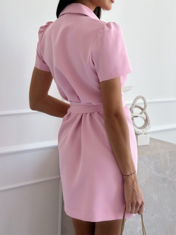 Sweet suit collar double-breasted solid color dress