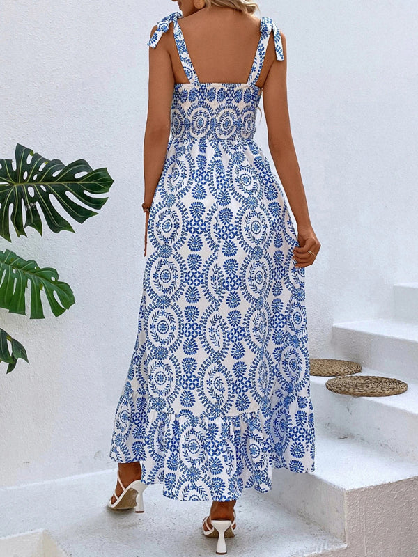 Women's summer strap printed sleeveless slit long dress