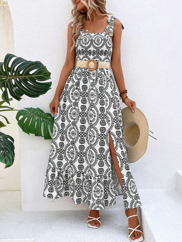 Women's summer strap printed sleeveless slit long dress