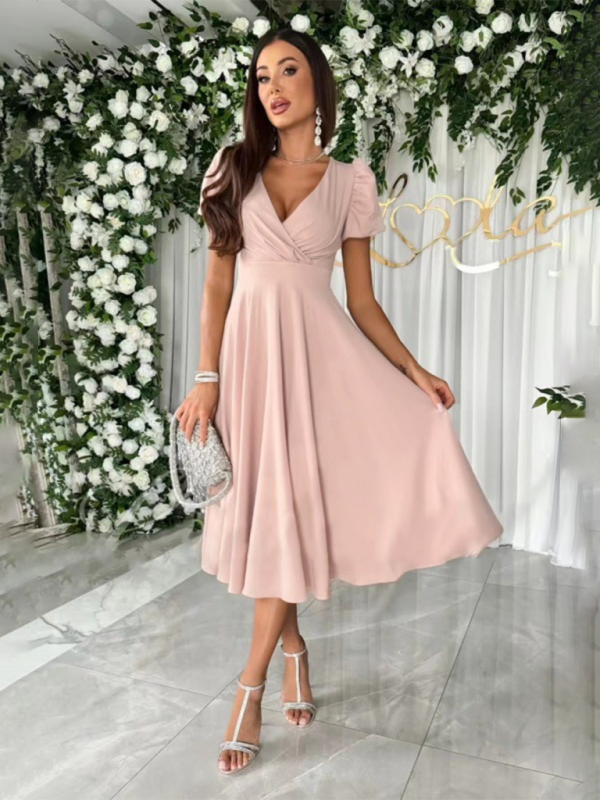 Commuting Solid Color V-Neck Waist Puff Sleeve Swing Dress