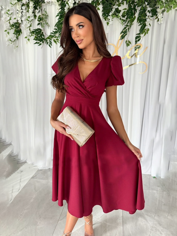 Commuting Solid Color V-Neck Waist Puff Sleeve Swing Dress