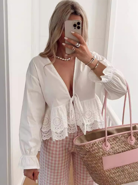 V-neck hollow embroidered long-sleeved top