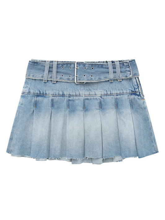 Women's casual belted wide pleated denim skirt