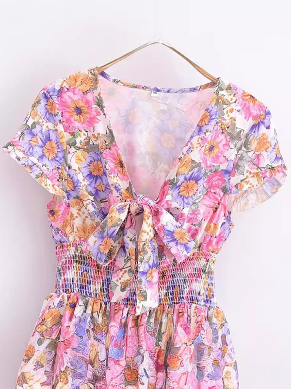 French floral chest tie waist stitching A-line short-sleeved dress