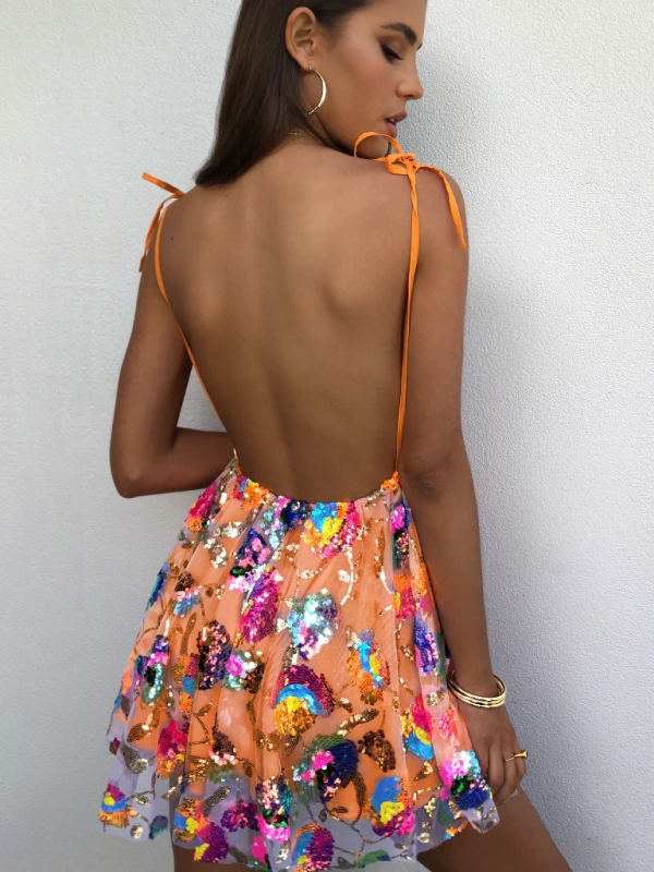 Women's Deep V Backless Sequin Floral Strappy Short Dress