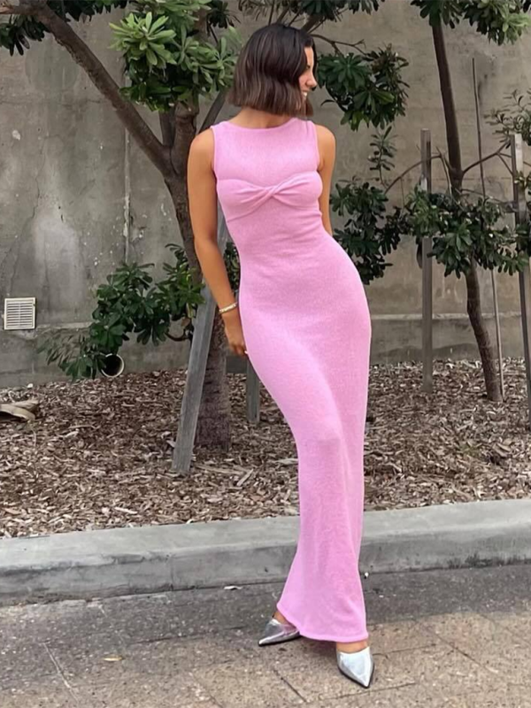Sleeveless tight round neck knitted solid color beach long dress