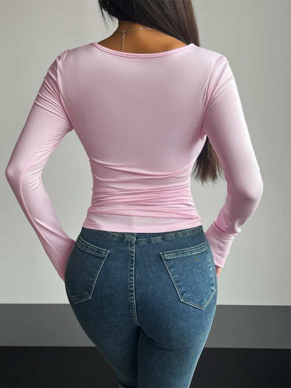 Square neck long sleeve pullover tight casual top