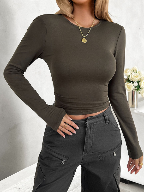 Round neck solid color slim long sleeve top