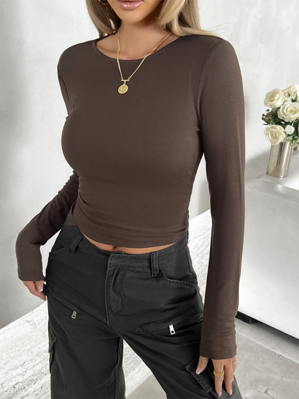 Round neck solid color slim long sleeve top