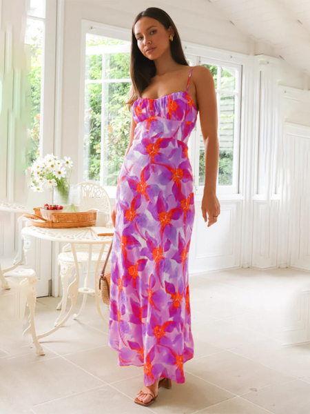 Fresh and sweet summer floral print backless midi dress