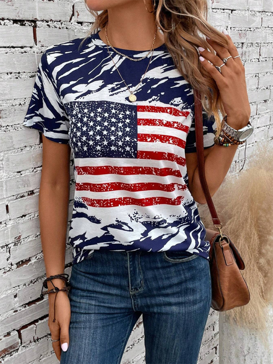 American Independence Day Women's Flag Printed Round Neck Casual Short Sleeve T-Shirt