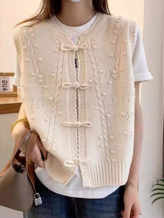 Three-dimensional buckle design lace collar knitted vest