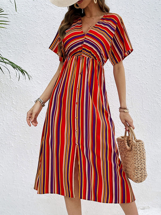 Women's Colorful Striped Casual V-Neck Button High Waist Dress