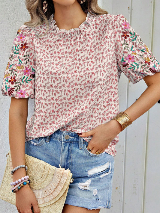 Printed Buckled Wave High Neck Short Colorblock Top