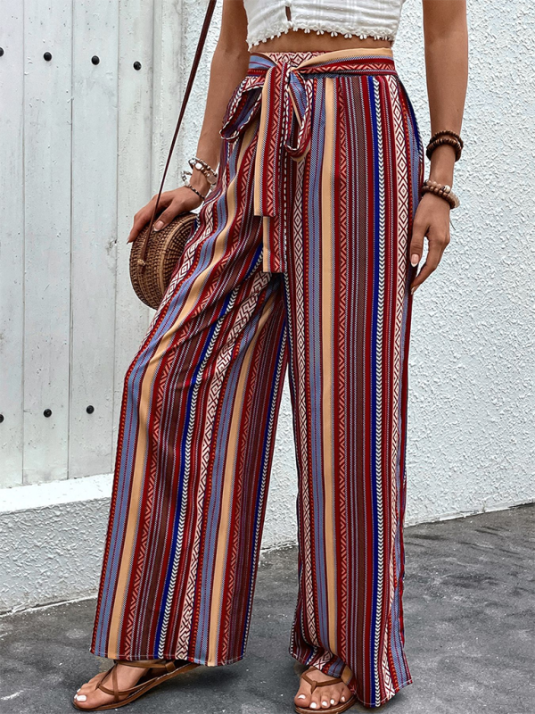 Loose striped high waist elastic wide leg pants