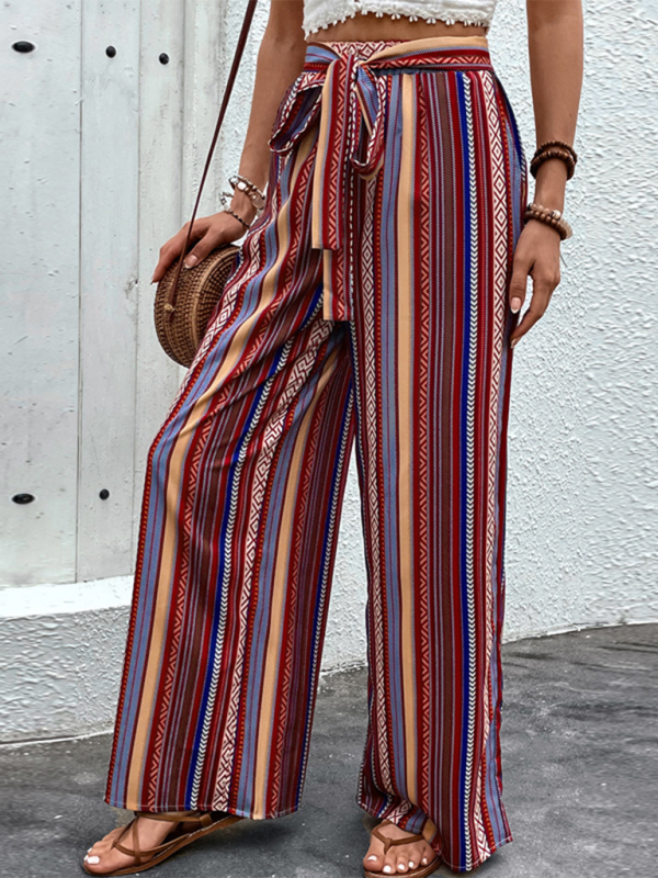 Loose striped high waist elastic wide leg pants