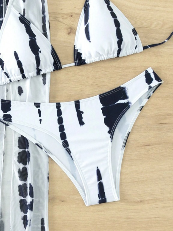 Printed mesh backless bikini three piece swimsuit