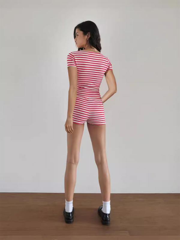 Striped Slim Fit Short Sleeve Shorts Set