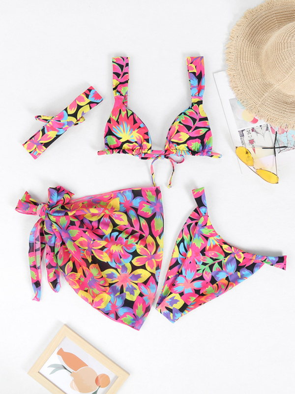 Four-piece backless printed bikini