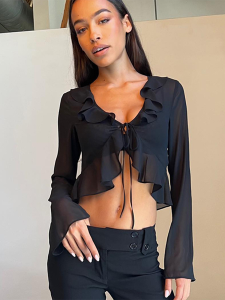 Ruffled lace-up deep V-neck long-sleeved transparent top