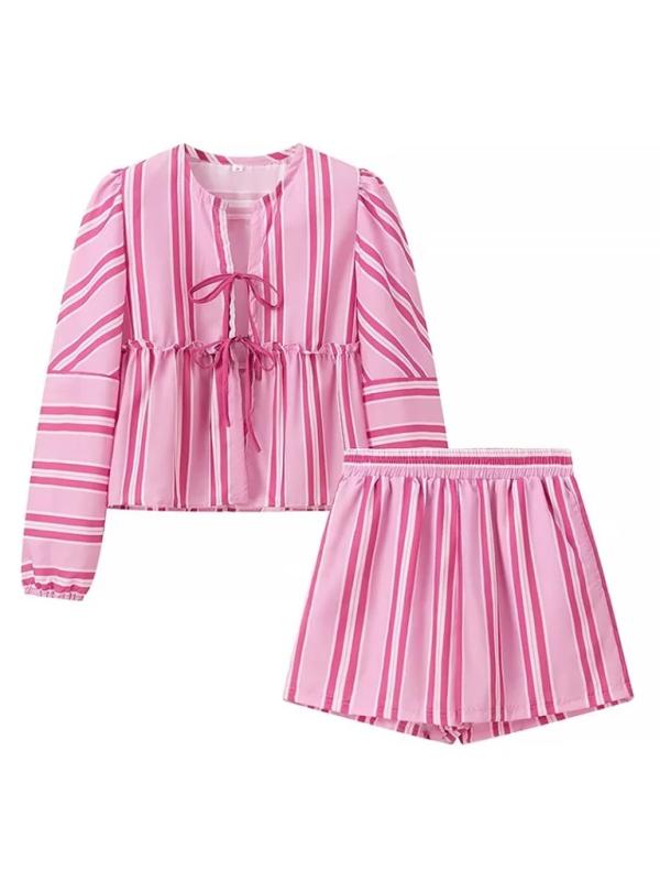 Striped Lace-up Lantern Sleeve Shorts Set