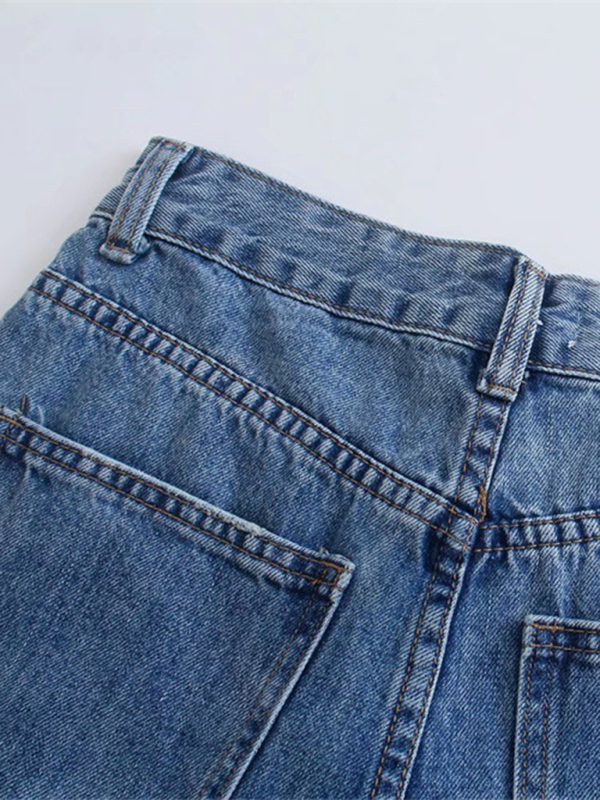 High waist versatile ripped blue wide leg jeans