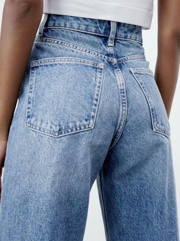 High waist versatile ripped blue wide leg jeans
