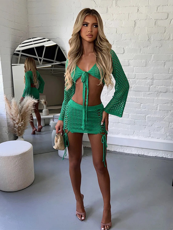 Women's Solid Color Knitted Beach Cover Up Set
