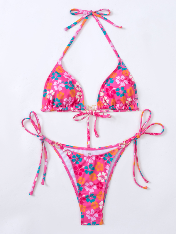 Triangle Cup Printed Lace-Up Bikini Swimsuit