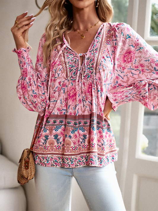 Casual printed v-neck long-sleeved top