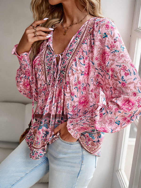 Casual printed v-neck long-sleeved top